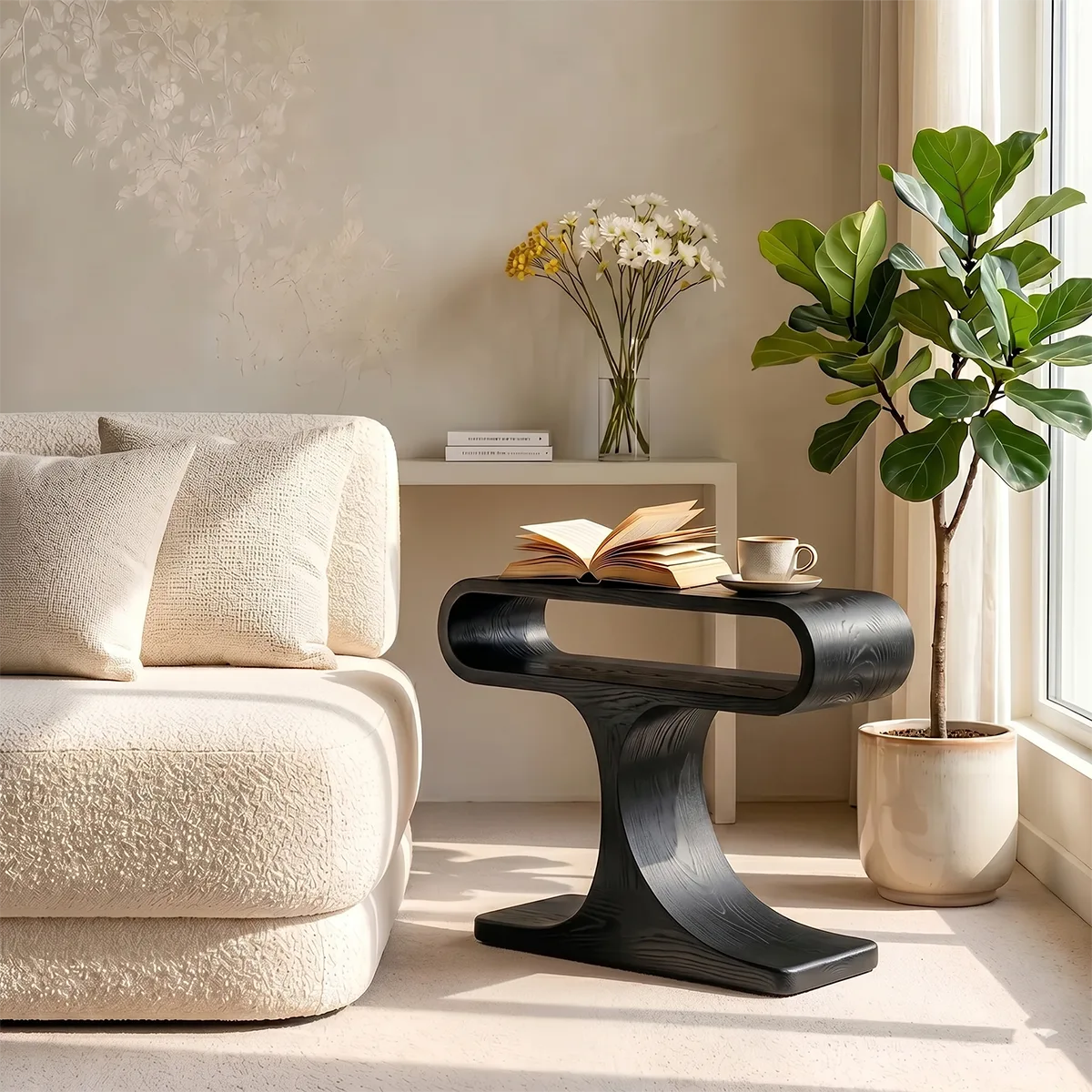 Curved Solid Wood Side Table with Shelf | Sculptural End Table TH003-6409