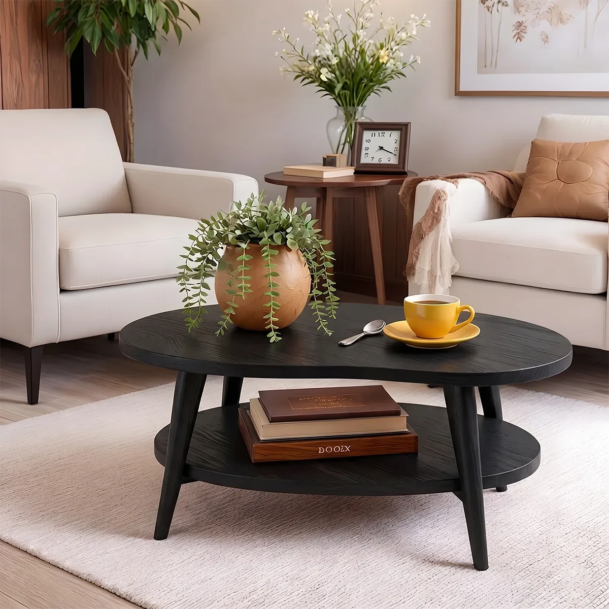 Mid Century Modern Solid Wood Two Tier Oval Coffee Table