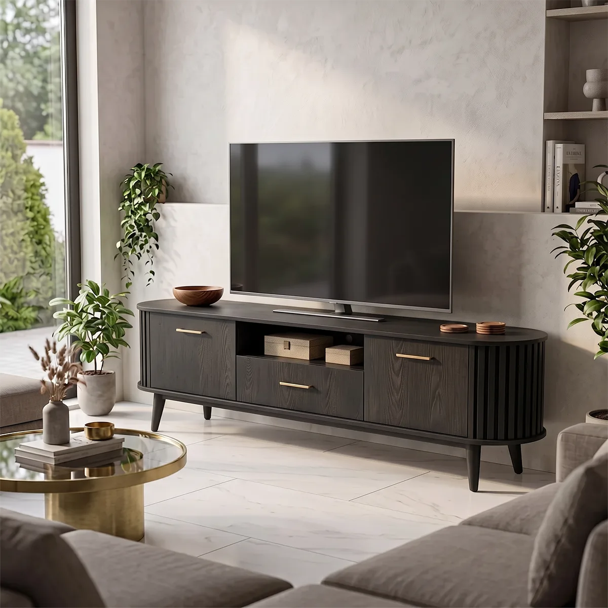 Mid-Century Modern TV Stand with 2 Cabinets & Drawer | Fluted Media Console TH003-4CGT3CA