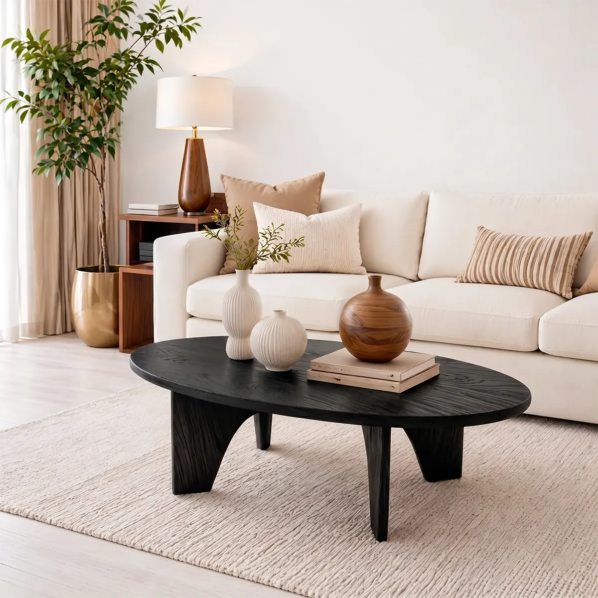 Modern Solid Wood Oval Coffee Table with Angled Slab Legs