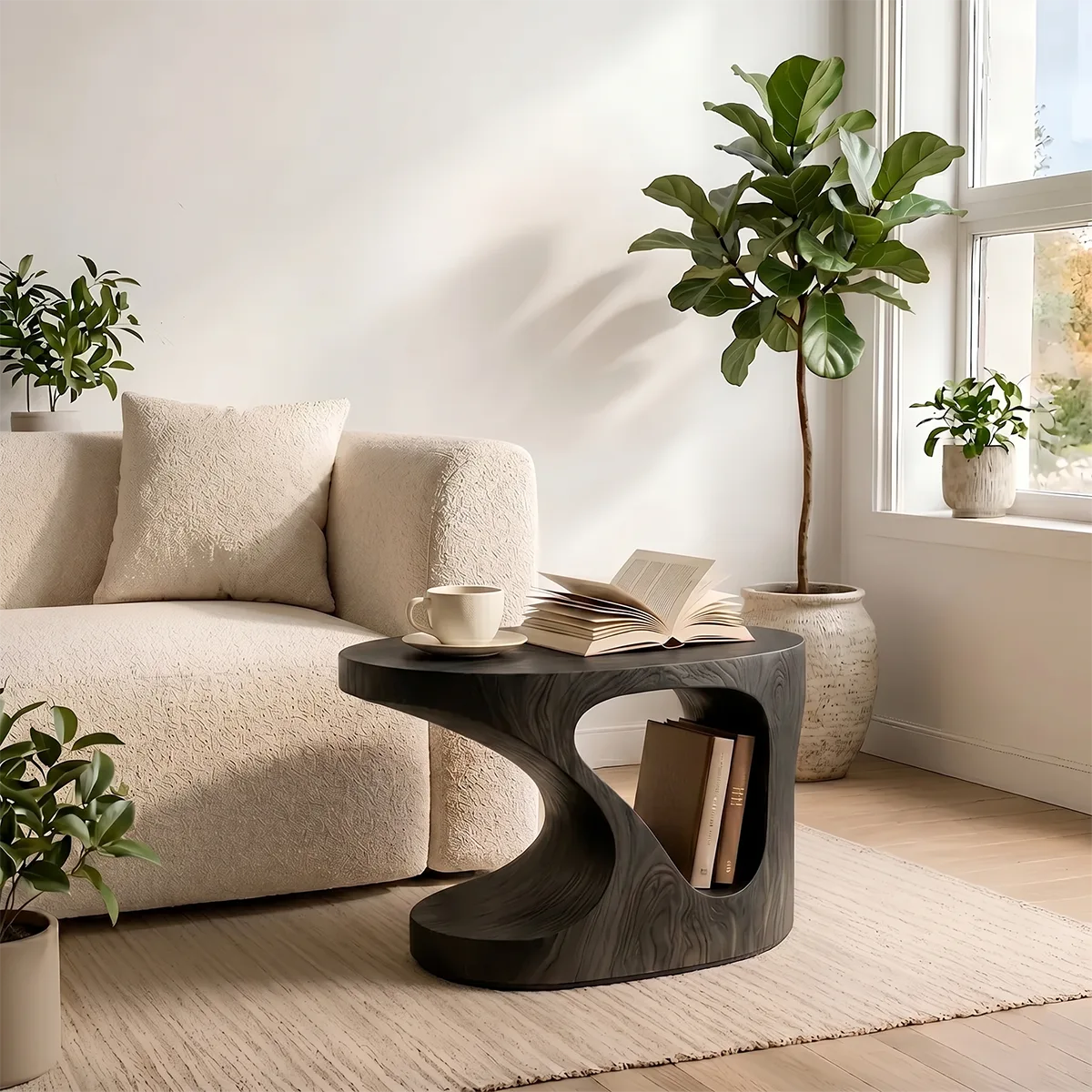 Solid Wood Side Table with Book Storage | Sculptural Design End Table TH003-9003