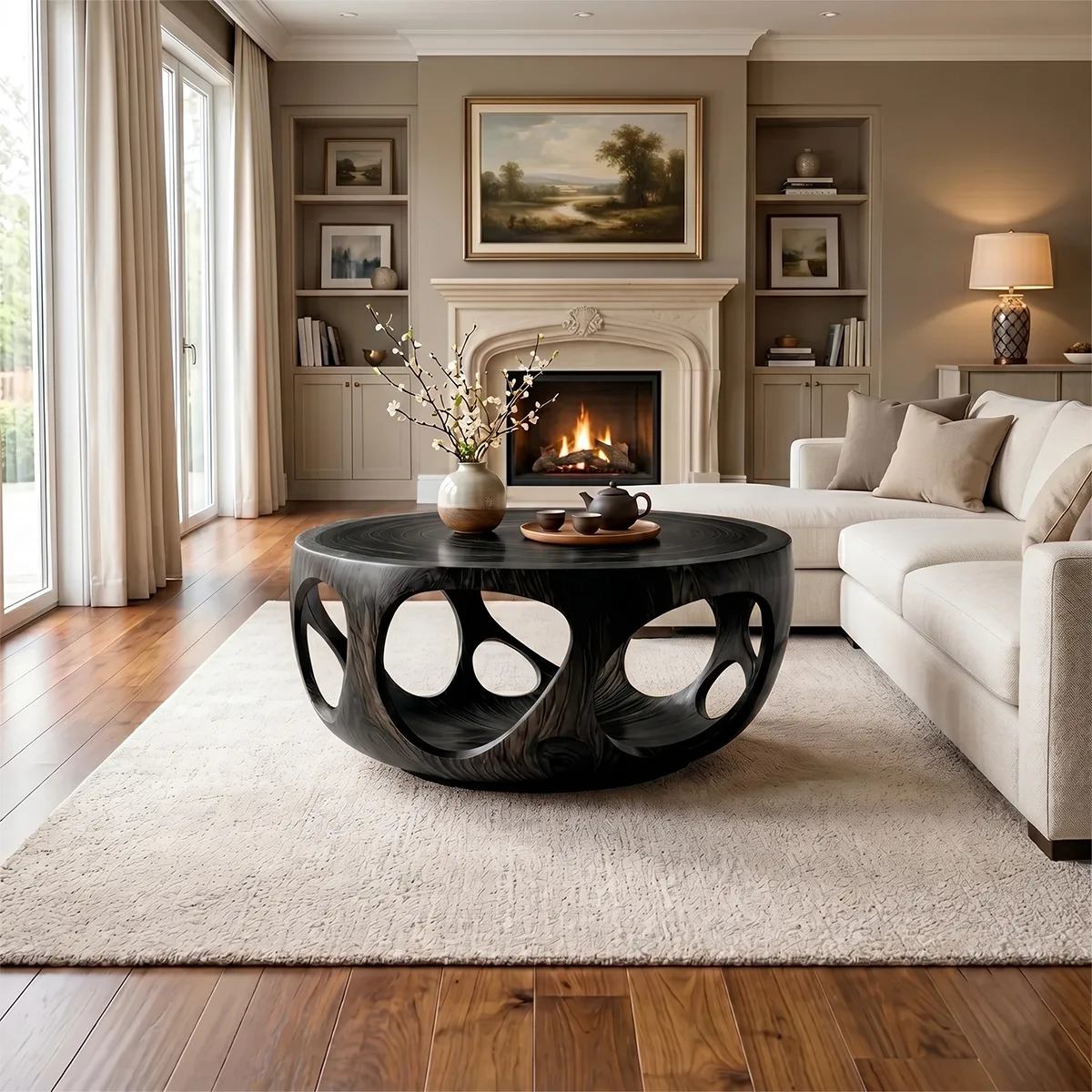 Round Solid Wood Coffee Table – Artistic Openwork Design TH003-2510