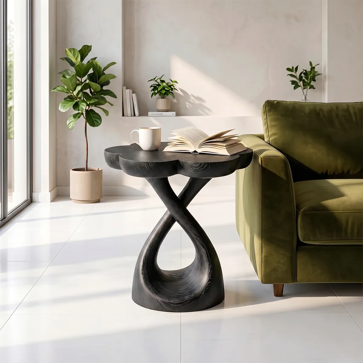 Petal Top Solid Wood Side Table | Sculptural End Table TH003-8683