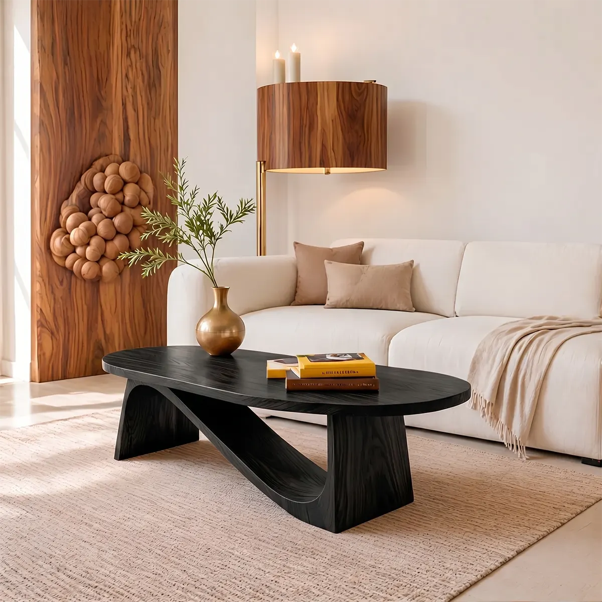 Modern Solid Wood Oval Coffee Table with Sculptural Sweeping Base