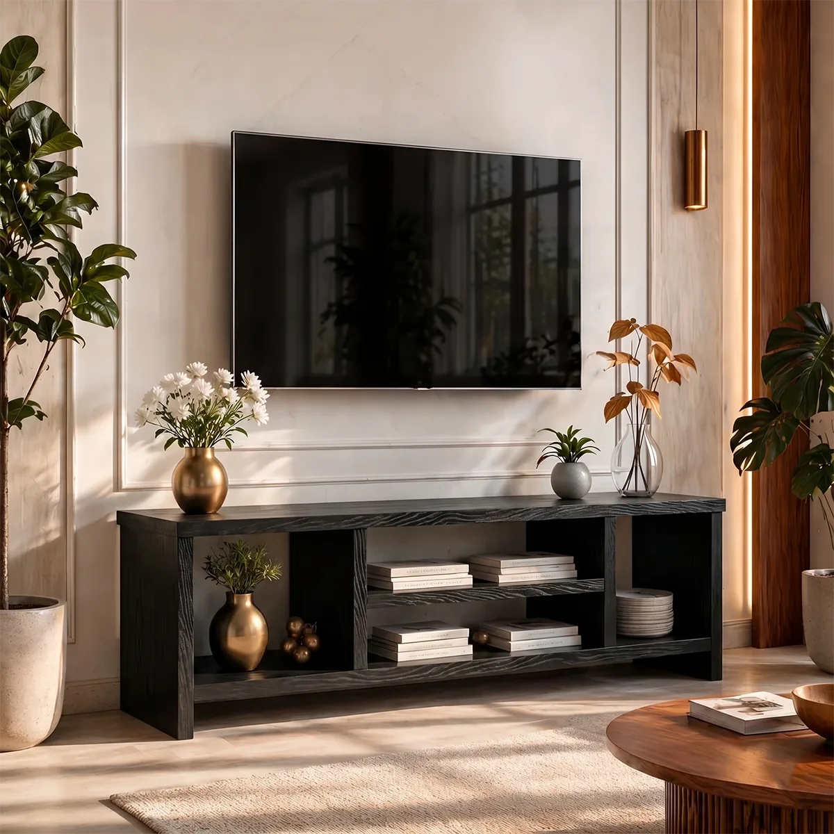 Modern Solid Wood Geometric TV Stand with Open Shelving
