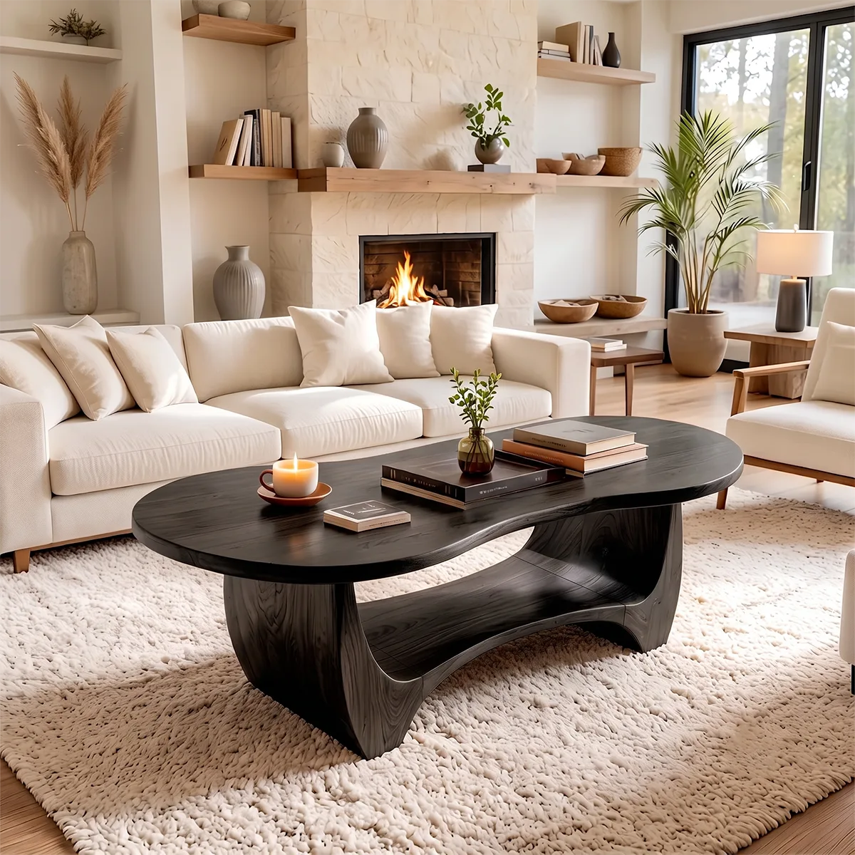Sculptural Rounded Coffee Table with Open Shelf | Organic Modern Center Table TH003-1FNF7SN