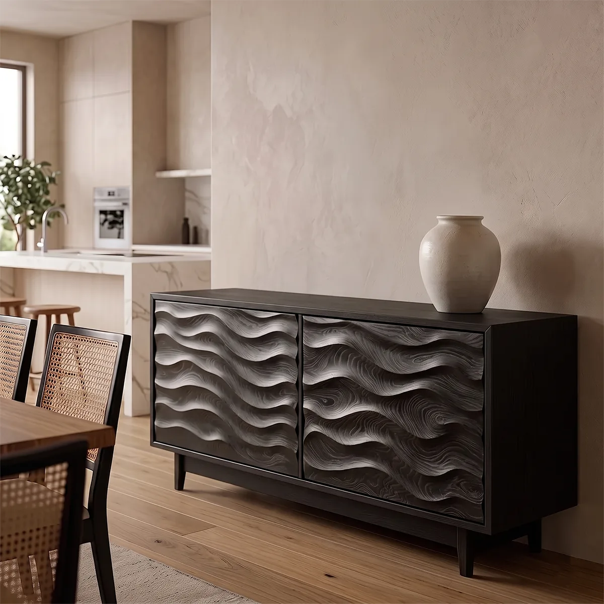 Wave Carved Solid Wood Sideboard | Modern Hardwood Storage Cabinet for Dining & Living Room TH003-6599