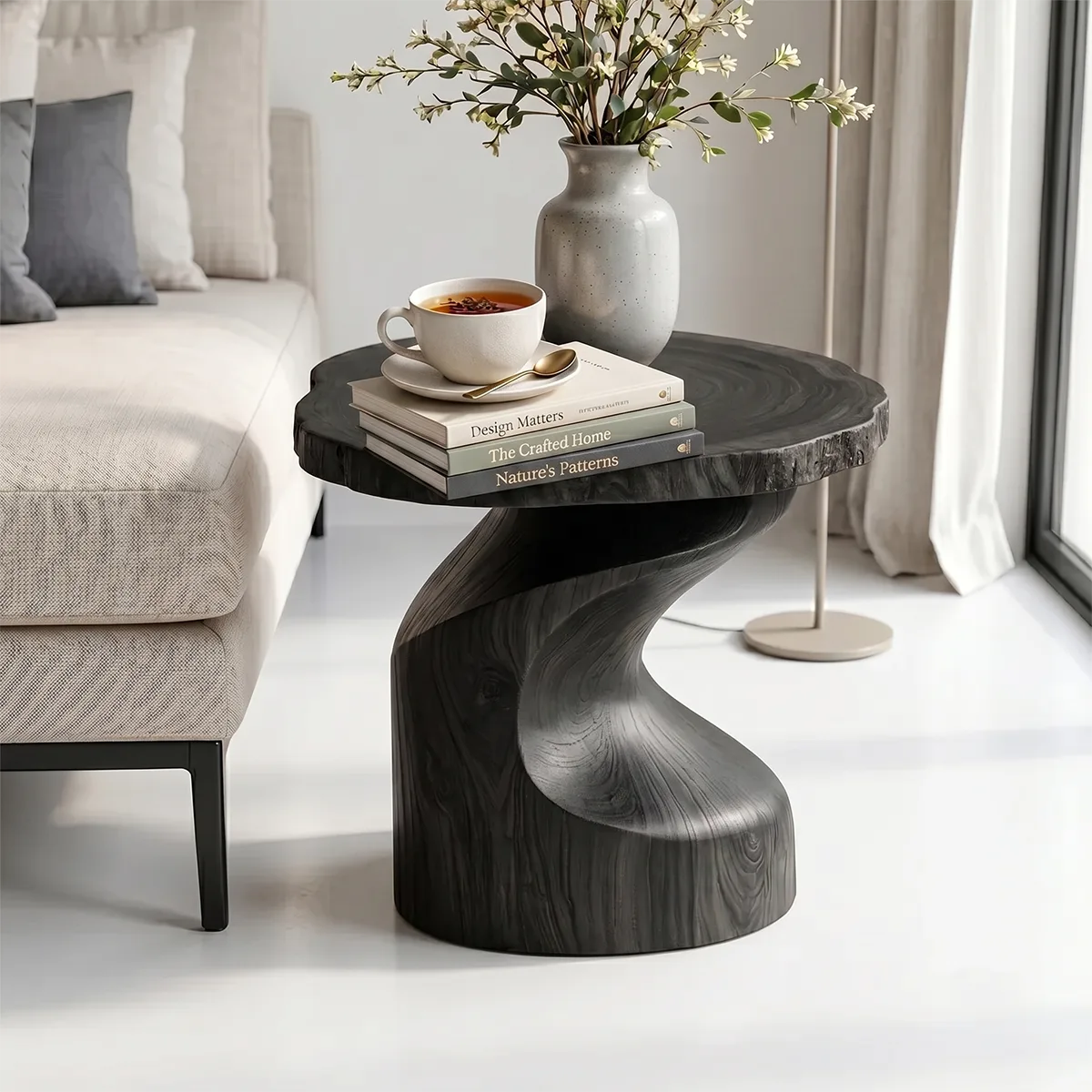 Sculptural Solid Wood Side Table, Live Edge Round End Table, Twisted Pedestal Accent Table TH003-9052