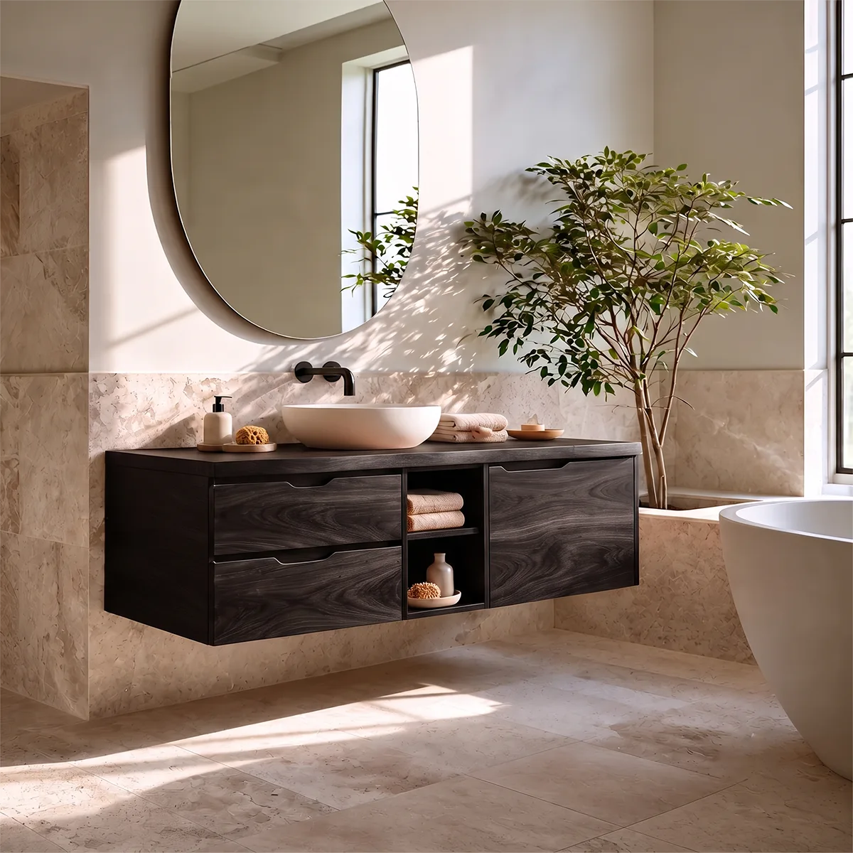 Modern Floating Bathroom Vanity | Wall Mounted Storage Cabinet with Drawers and Open Shelving TH003-5PPH1AS
