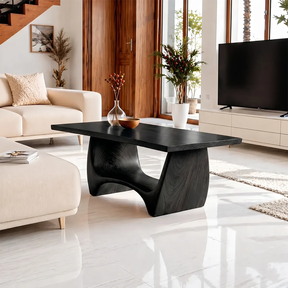 Modern Solid Wood Coffee Table with Sculptural Hourglass Base