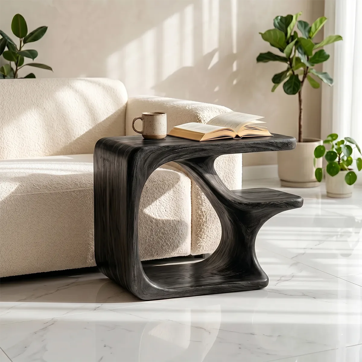 Solid Wood C-Shaped Side Table with Shelf | Sculptural Design TH003-8802