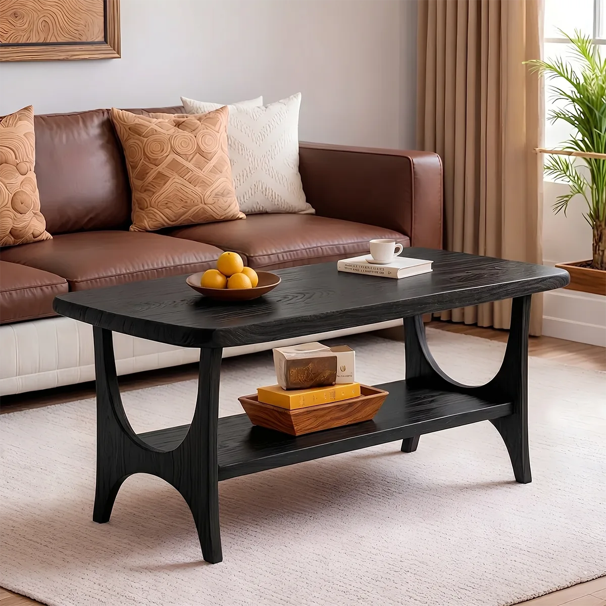 Mid Century Modern Solid Wood Rectangular Two Tier Coffee Table