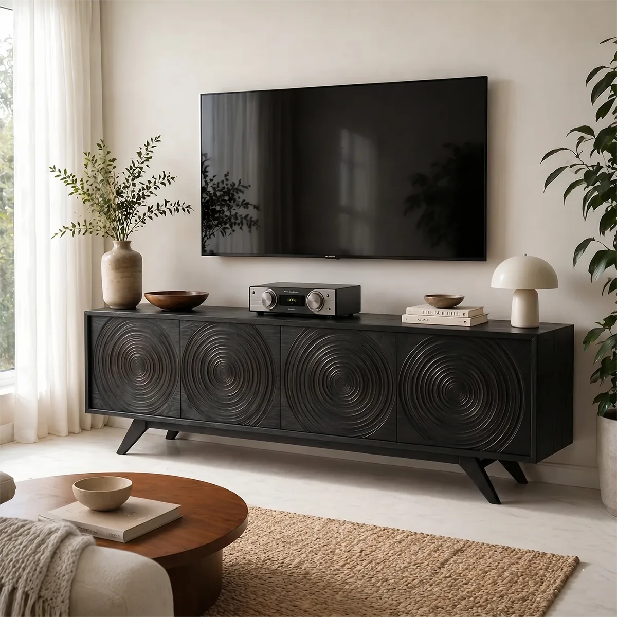 Mid Century Modern Solid Wood Carved Door TV Stand