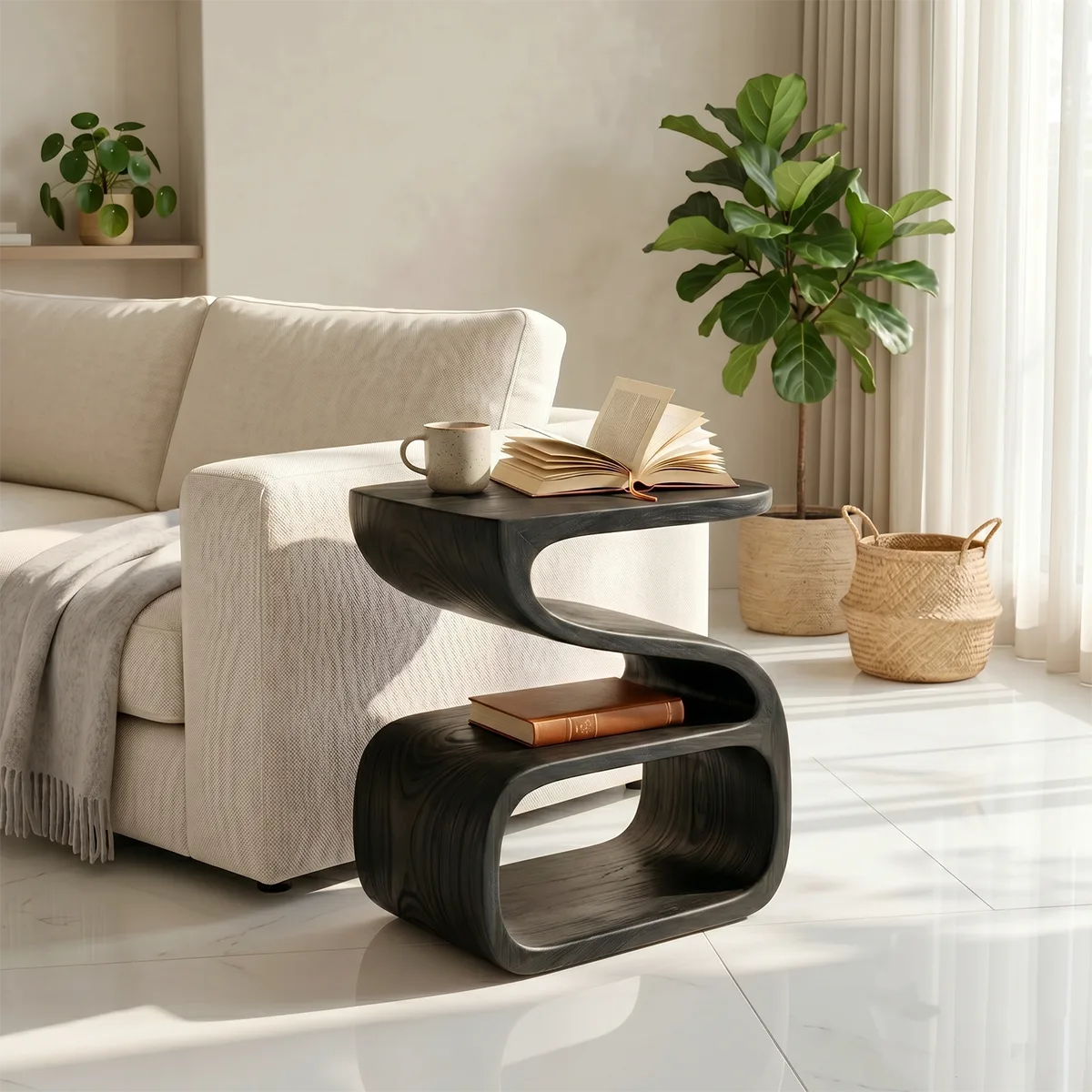 Solid Wood Side Table with Double Shelf | Sculptural Design TH003-3969