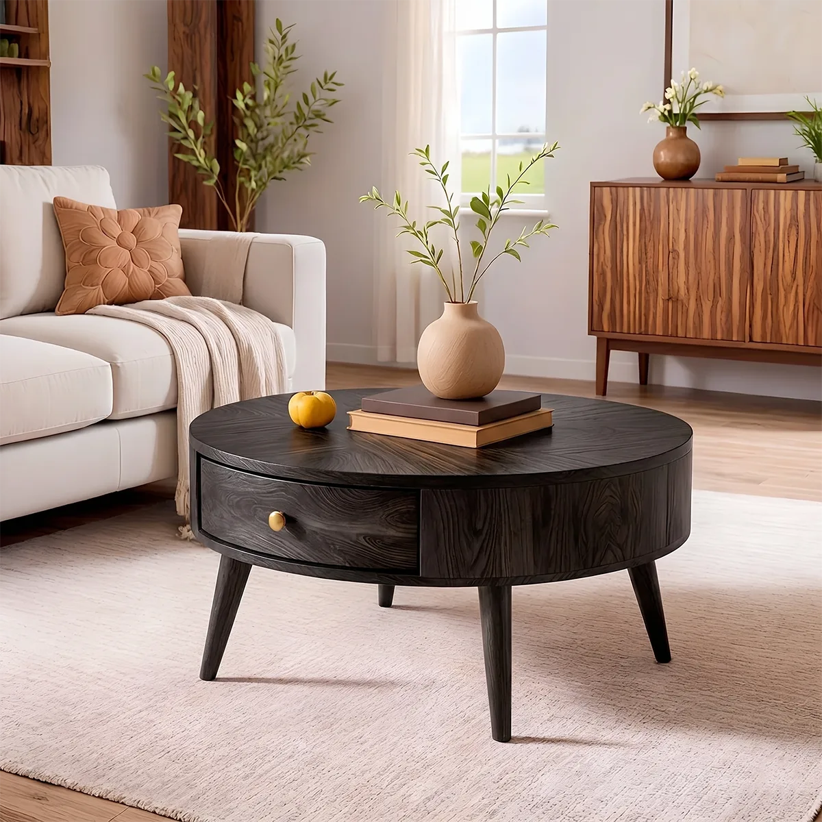 Mid Century Modern Solid Wood Round Drum Coffee Table with Drawer