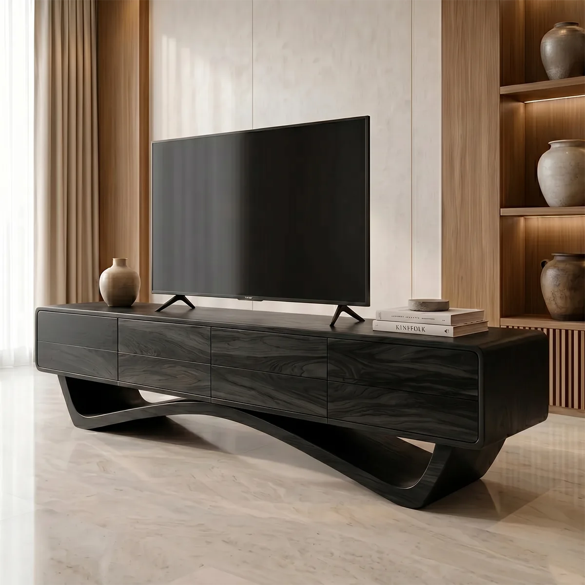 Modern Solid Wood TV Stand with Sculptural Sweeping Base