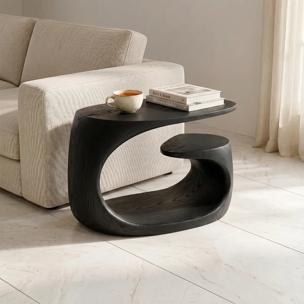 Handcrafted Solid Wood End Table with Open Shelf – Sculptural Japandi Side Table for Living Room TH003-8927