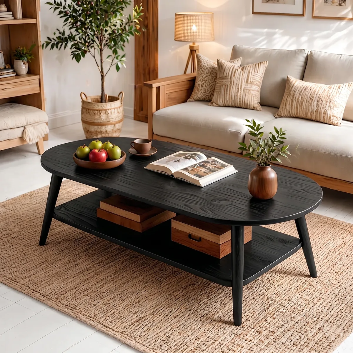 Mid Century Modern Solid Wood Two Tier Oval Coffee Table