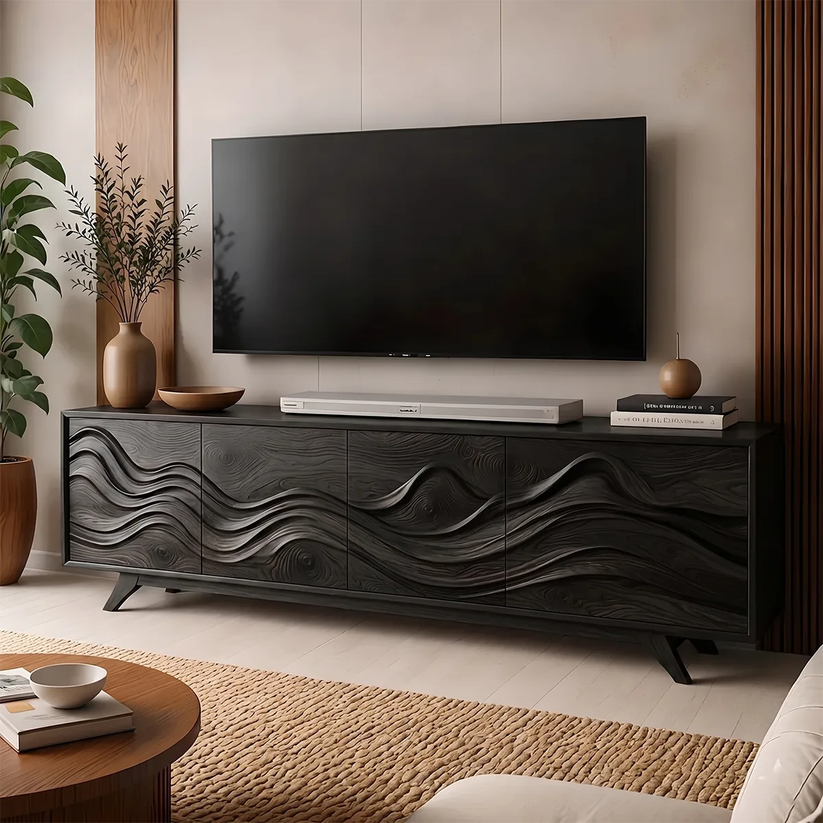 Mid-Century Modern Solid Wood TV Stand with Cabinet and Open Shelving