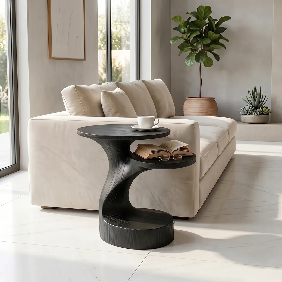 Handcrafted Solid Wood End Table with Open Shelves – Sculptural Organic Side Table TH003-1037