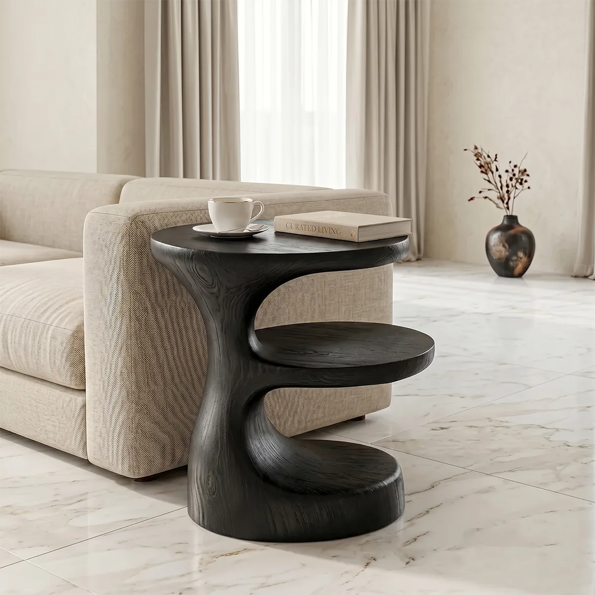 Handcrafted Solid Wood 3-Tier End Table – Sculptural Organic Side Table for Living Room TH003-2631