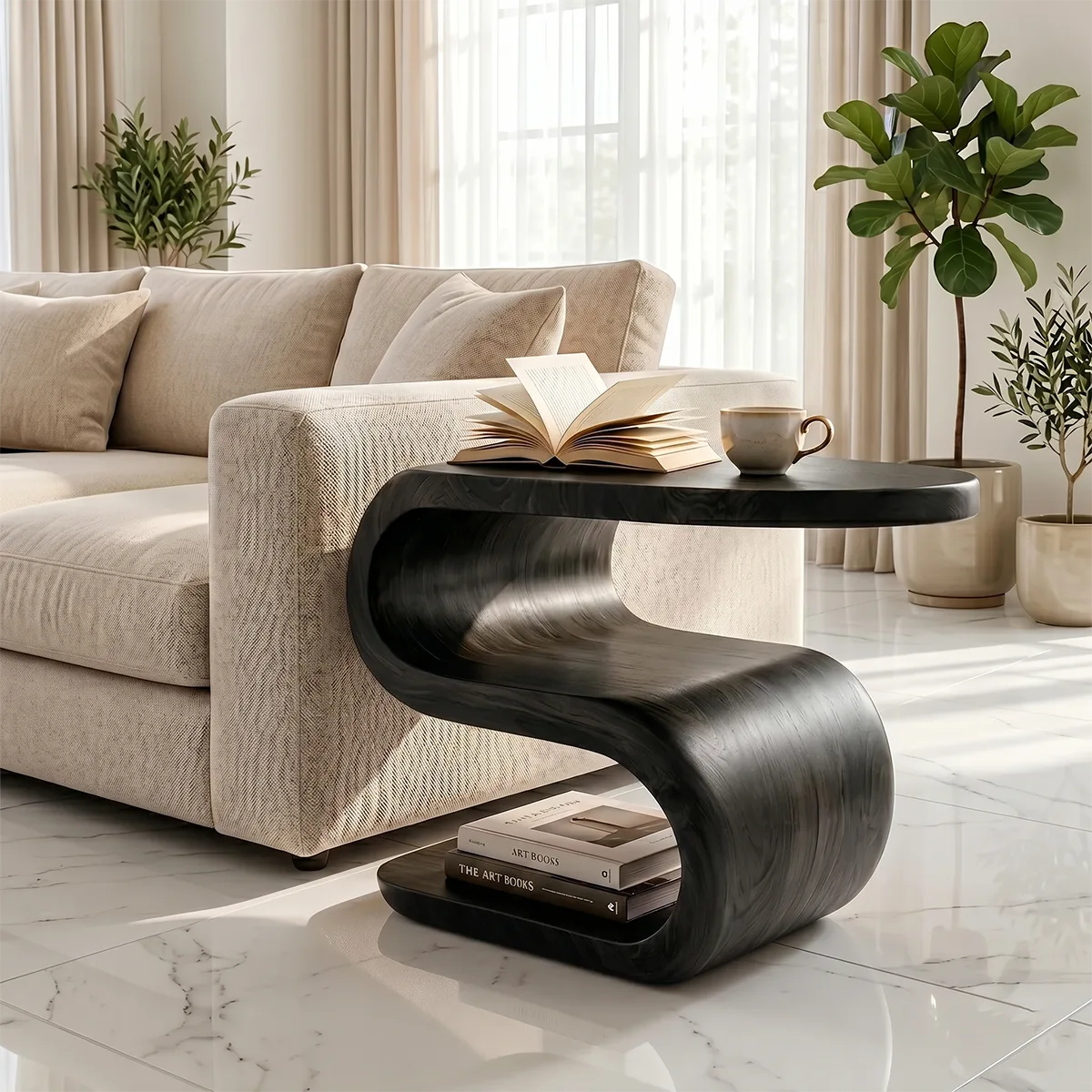 Solid Wood S-Shaped End Table – Sculptural Side Table for Living Room & Bedroom TH003-1734