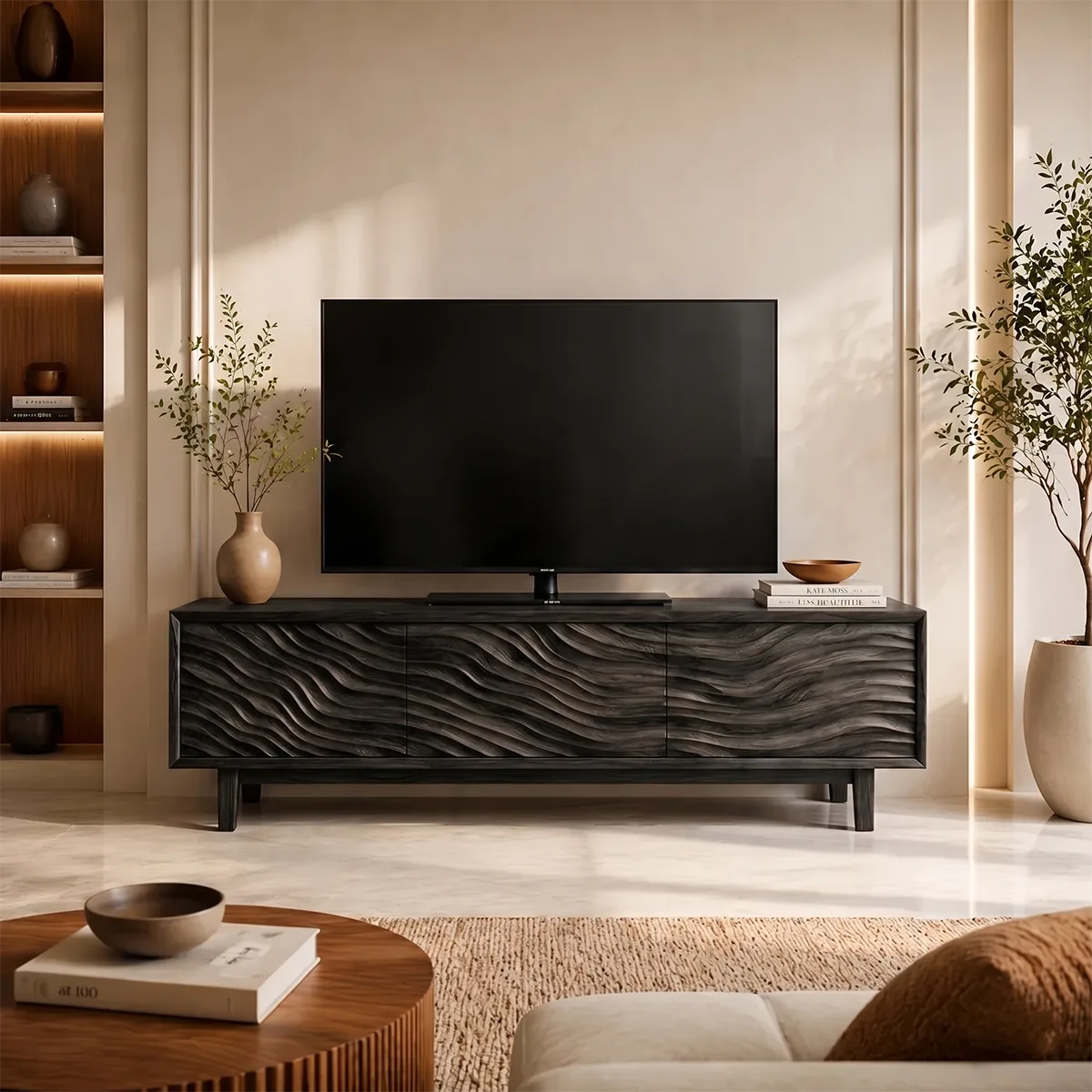 Modern Solid Wood Three Door Wavy Carved TV Stand