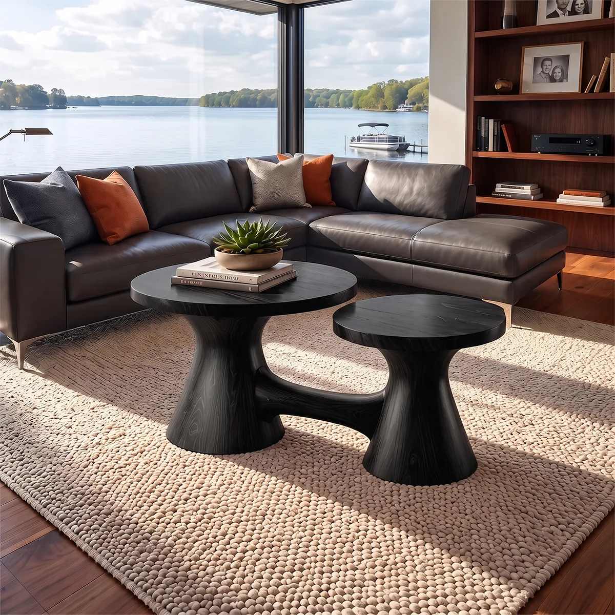 Two-Tier Round Coffee Table with Dual Pedestal Base | Sculptural Modern Living Room Table TH003-5PHH3EC