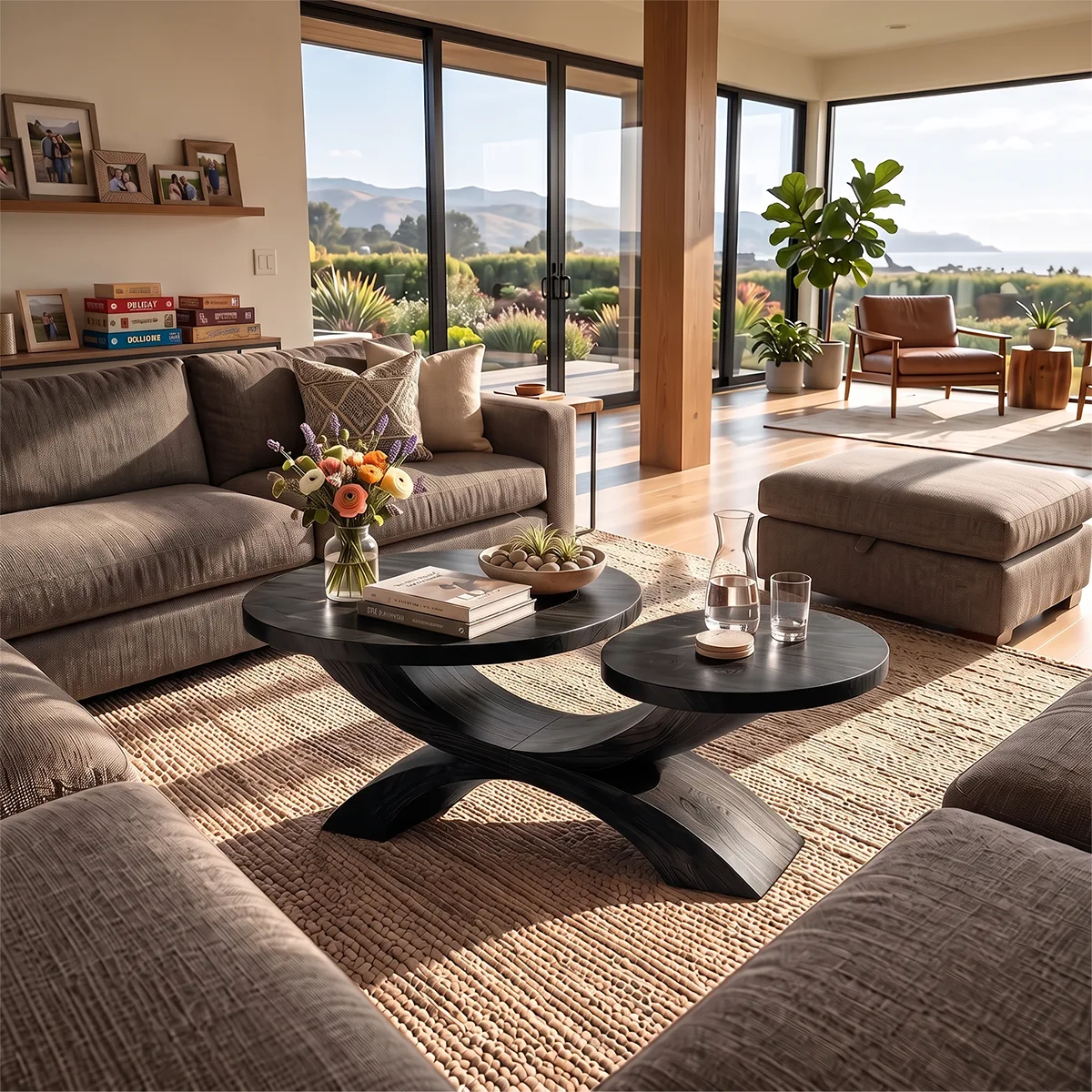 Two-Tier Round Coffee Table with Sculptural Crossed Base | Modern Living Room Center Table TH003-1RTB8PD