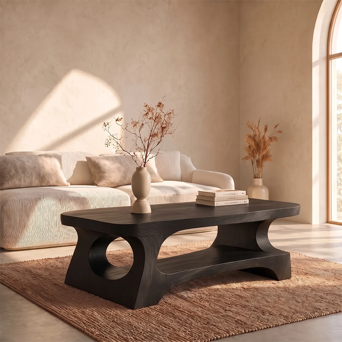 Organic Rectangular Coffee Table with Open Shelf and Sculptural Arch Base TH003-6JFK9PR