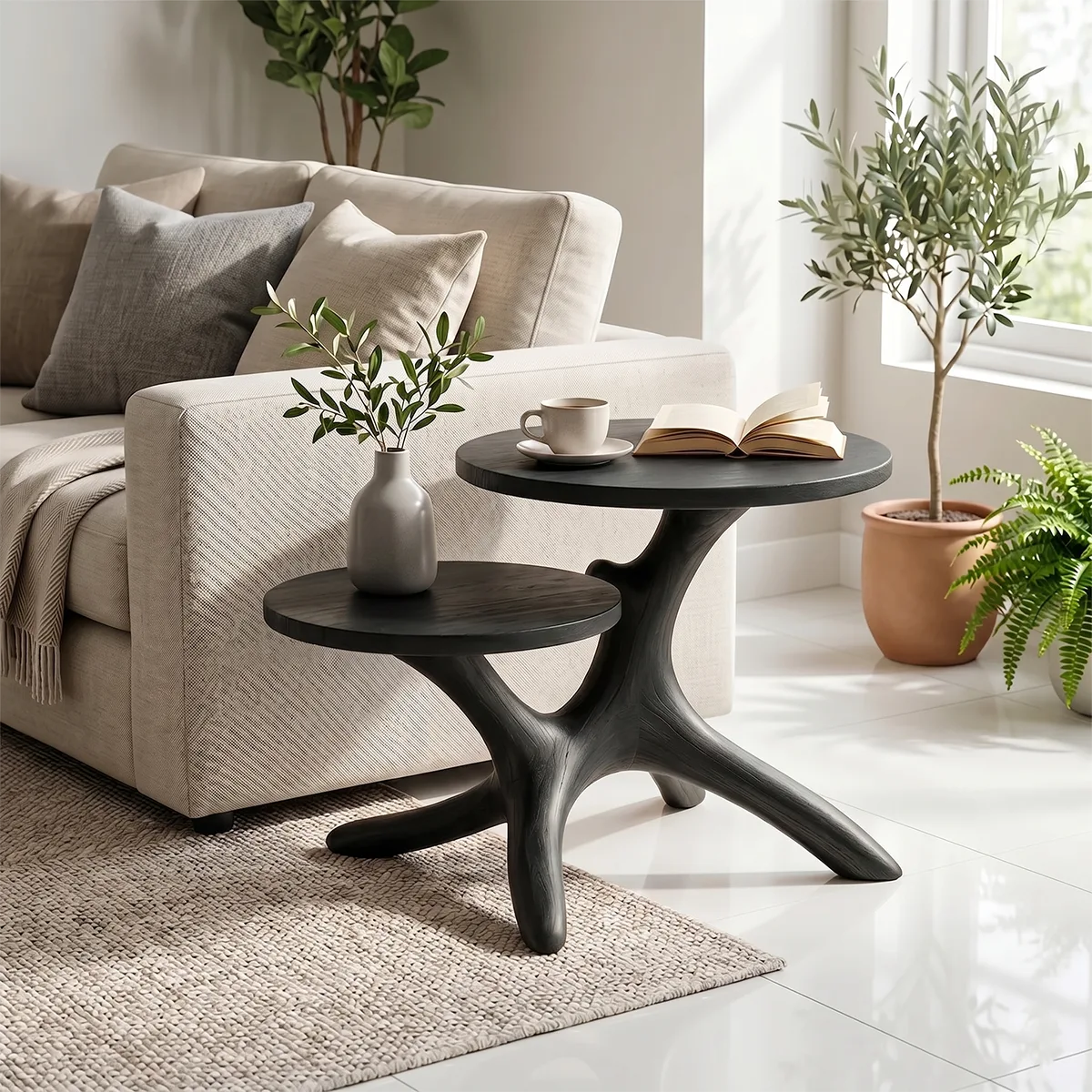 Handcrafted Solid Wood 2-Tier End Table – Sculptural Organic Side Table for Living Room TH003-8682