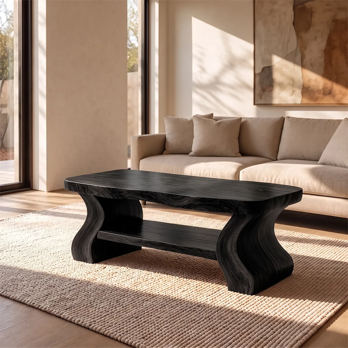 Sculptural Coffee Table with Open Lower Shelf and Curved Legs | Modern Living Room Table TH003-8YWG9UB