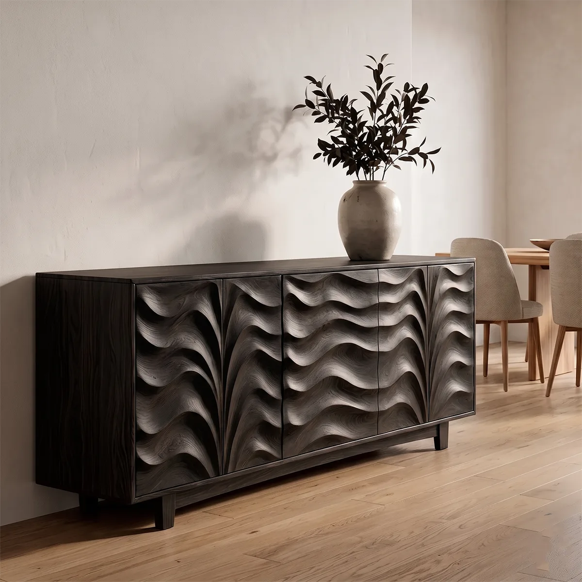 Carved Solid Wood Sideboard | Sculptural Hardwood Buffet Cabinet for Modern Dining Room TH003-5486