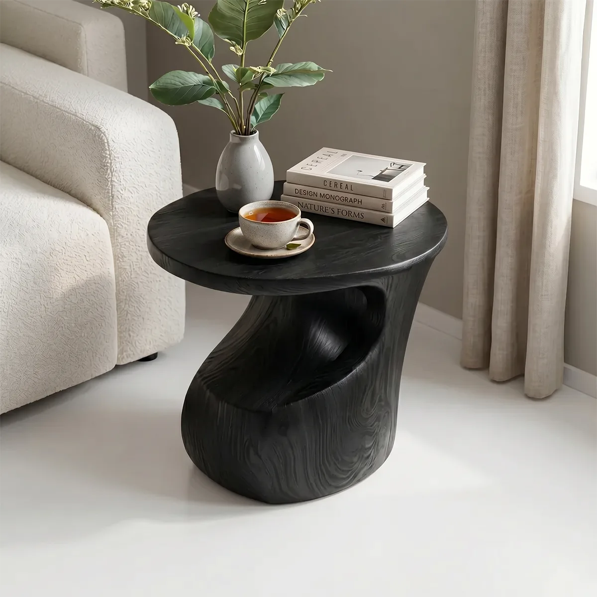 Sculptural Solid Wood Side Table, Round End Table with Curved Pedestal Base TH003-3965