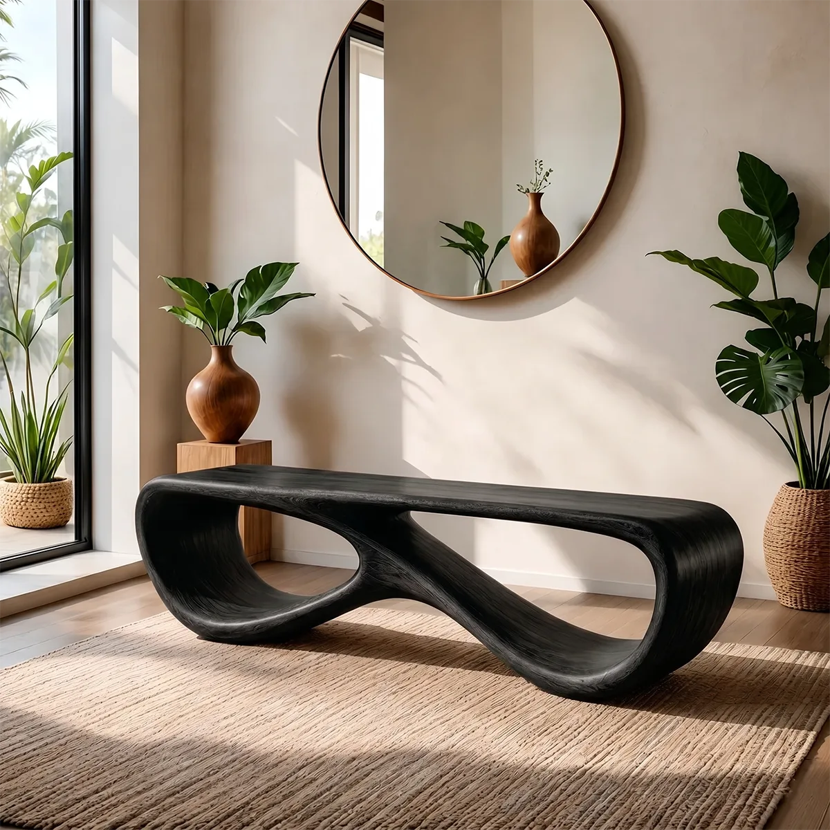 Organic Sculptural Solid Wood Bench for Modern Living Room and Entryway