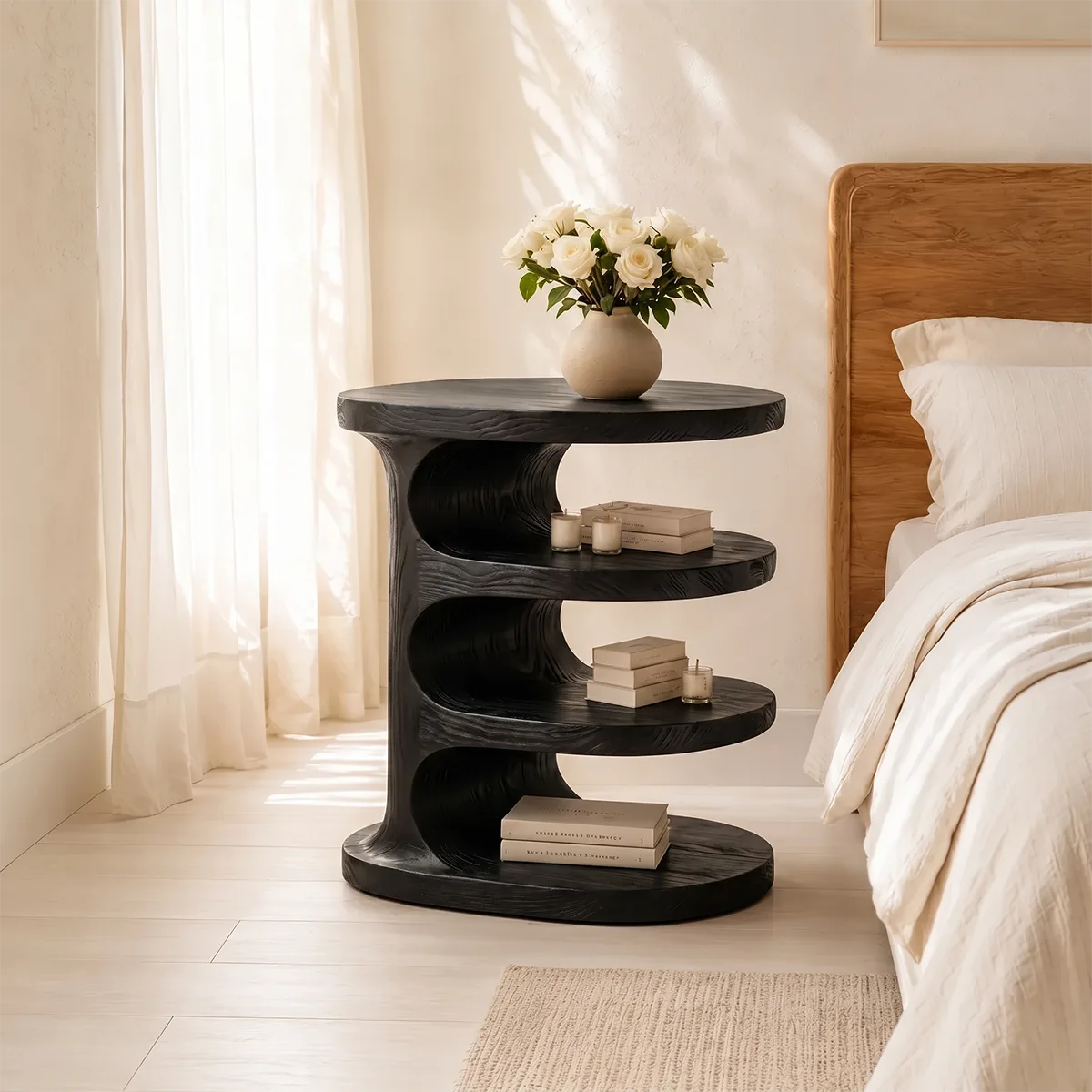 Handcrafted Solid Wood Round Nightstand Organic Open Shelf Bedside Table