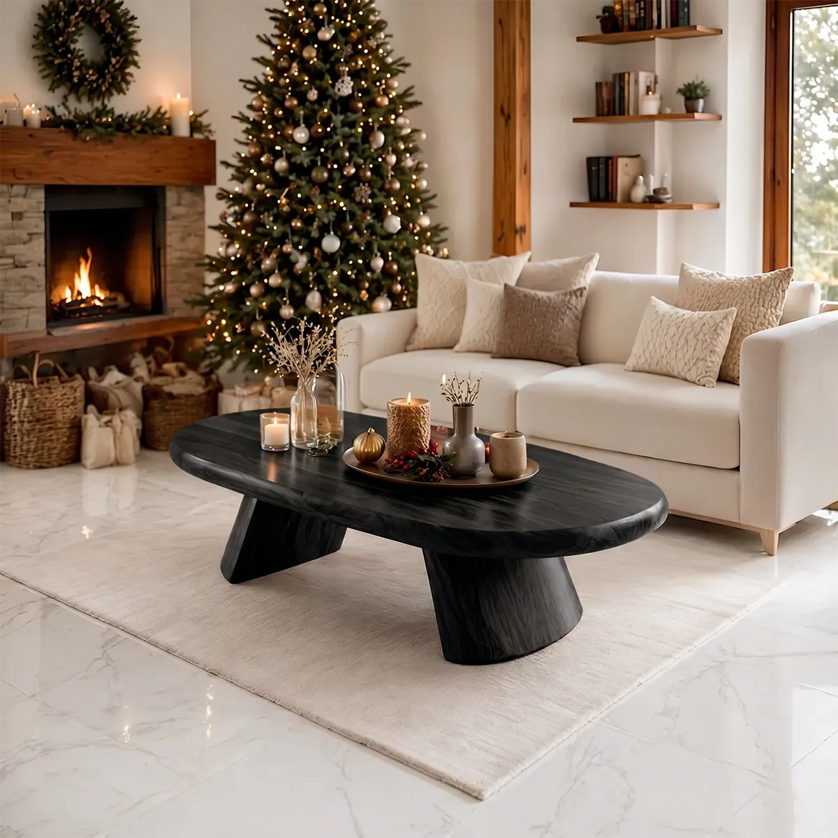 Modern Solid Wood Oval Coffee Table with Sculptural Pedestal Legs