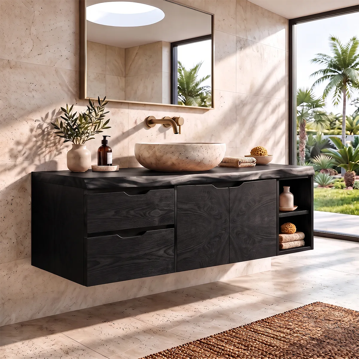 Modern Floating Bathroom Vanity | 2-Drawer Wall Mounted Vanity with Cabinet & Open Storage TH003-2GCX7AC