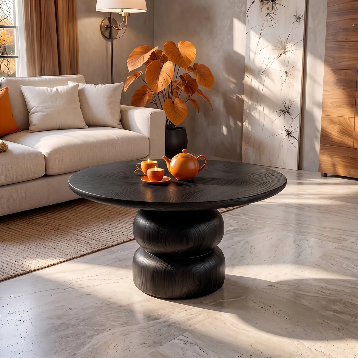 Sculptural Round Coffee Table with Stacked Pedestal Base | Organic Modern Center Table TH003-2ZWS1NI