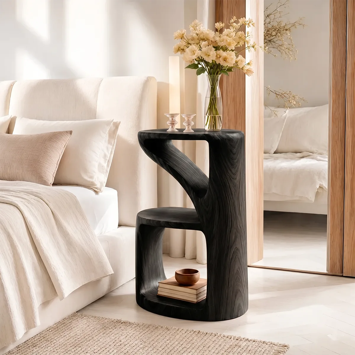 Handcrafted Solid Wood Side Table Sculptural Open Shelf Accent Table