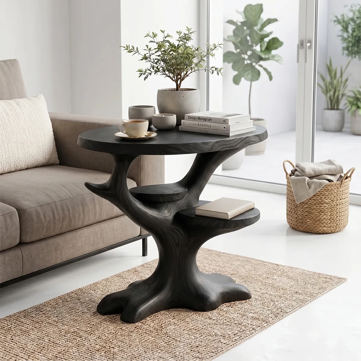 Sculptural Solid Wood Side Table with Shelves, Tree-Inspired End Table, Handcrafted Organic Wood Accent Table TH003-1094