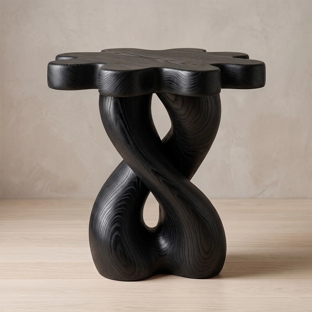 Wooden Nightstand With Twisted Base And Flower-Shaped Tabletop