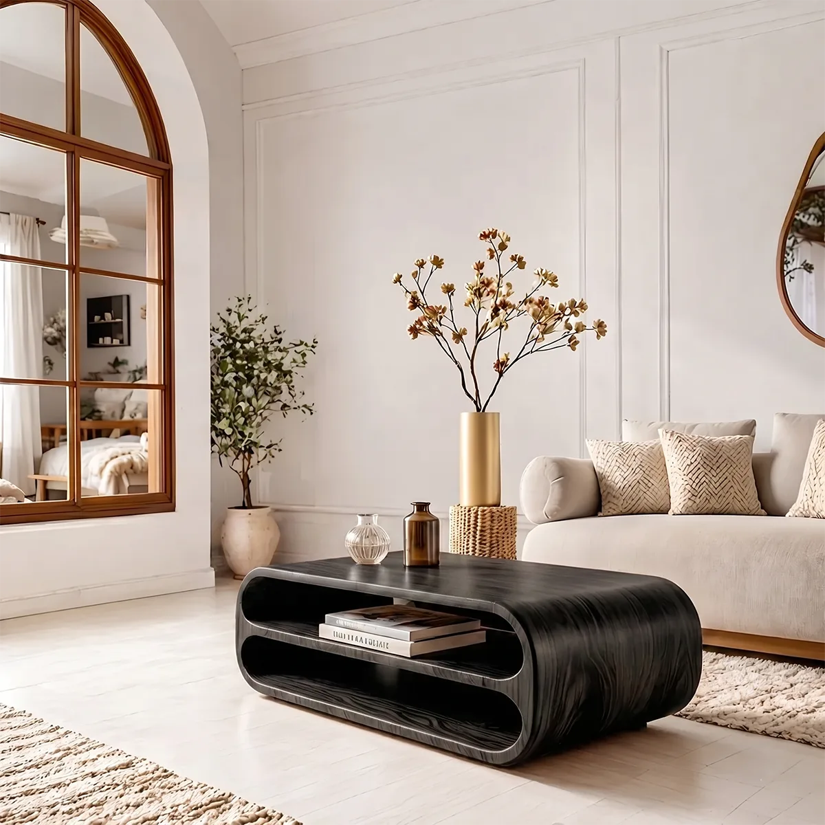 Modern Solid Wood Rounded Coffee Table with Double Open Storage