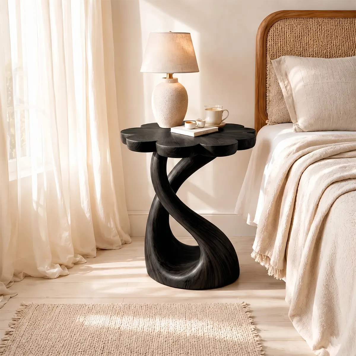 Flower-Shaped Wooden Nightstand With Sculptural Twisted Base