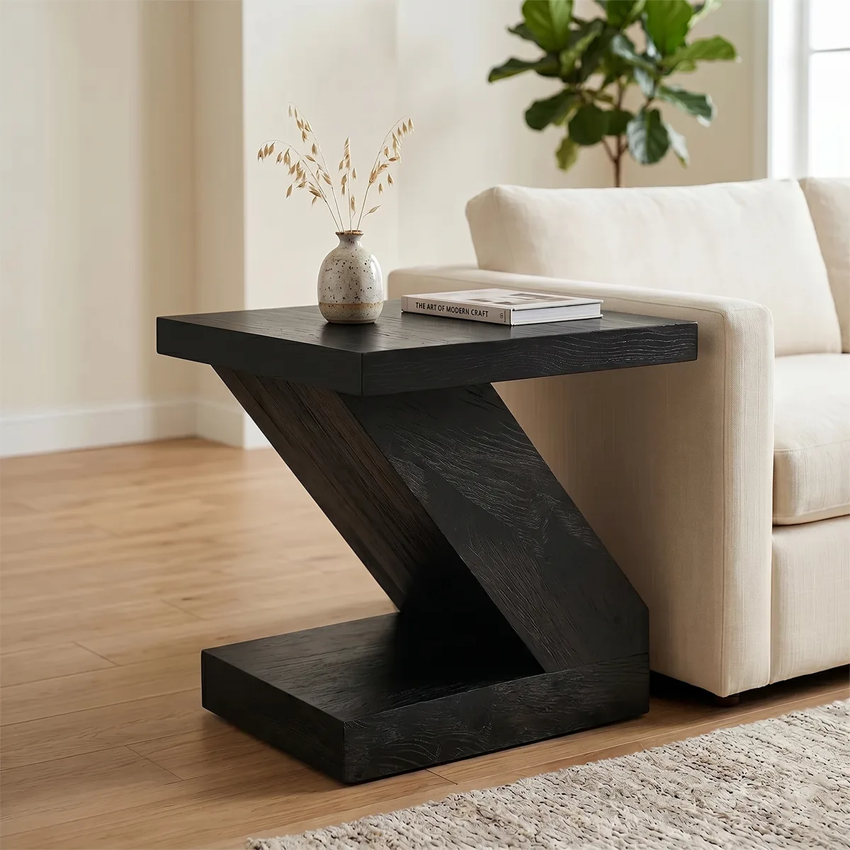 Modern Solid Wood End Table | Geometric Z-Shaped Side Table with Black Top TH003-2206