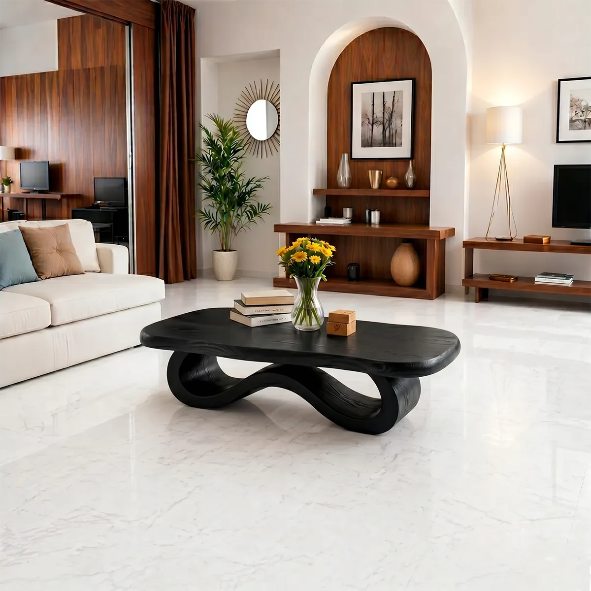 Modern Solid Wood Sculptural Coffee Table with Ribbon Base
