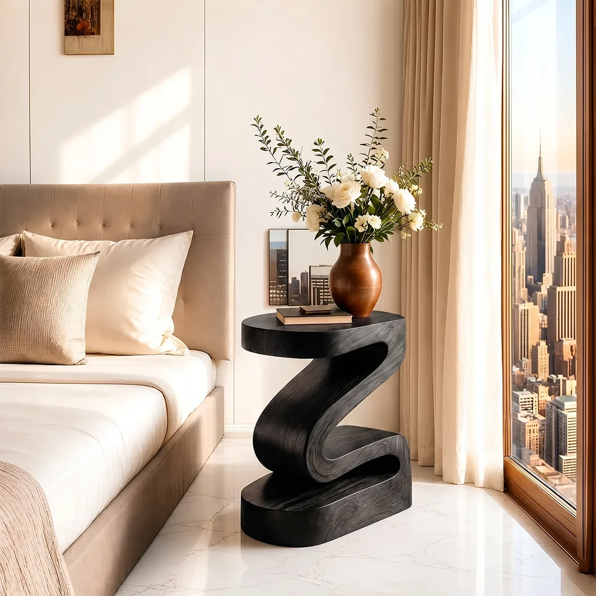 Modern Sculptural Wooden Nightstand with Open Shelf
