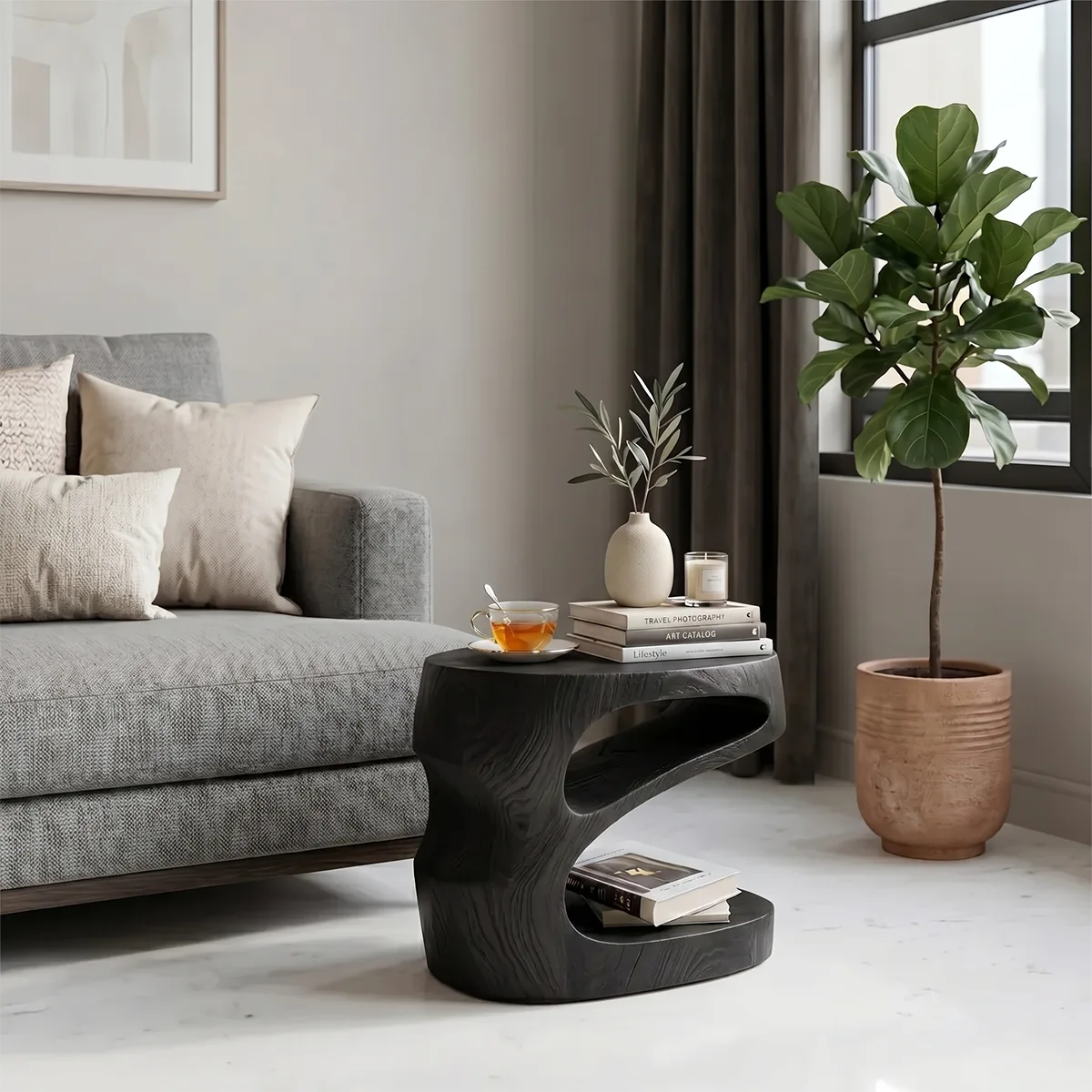 Handcrafted Sculptural Solid Wood Side Table with Storage Shelves TH003-7929