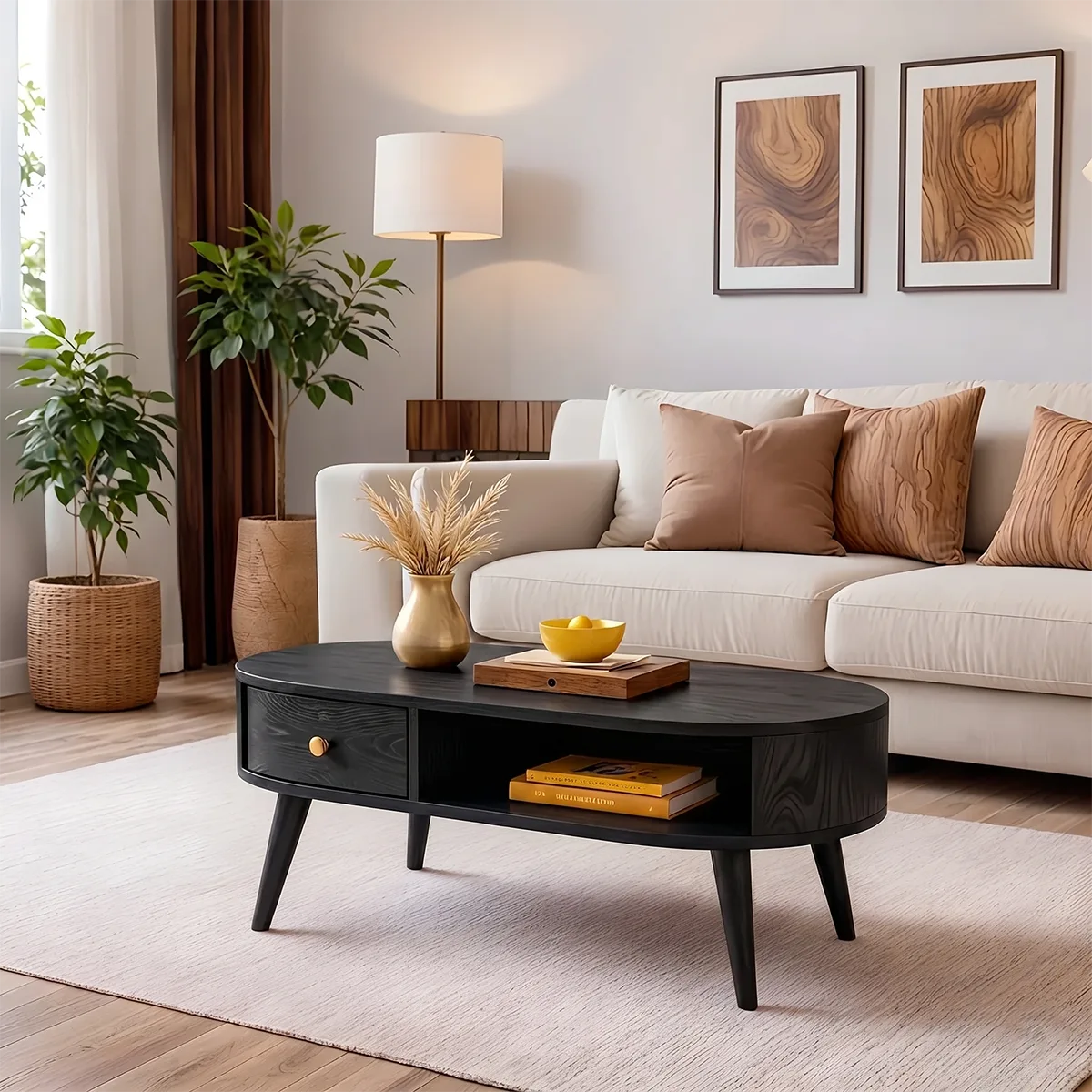 Mid Century Modern Solid Wood Oval Coffee Table with Drawer and Shelf