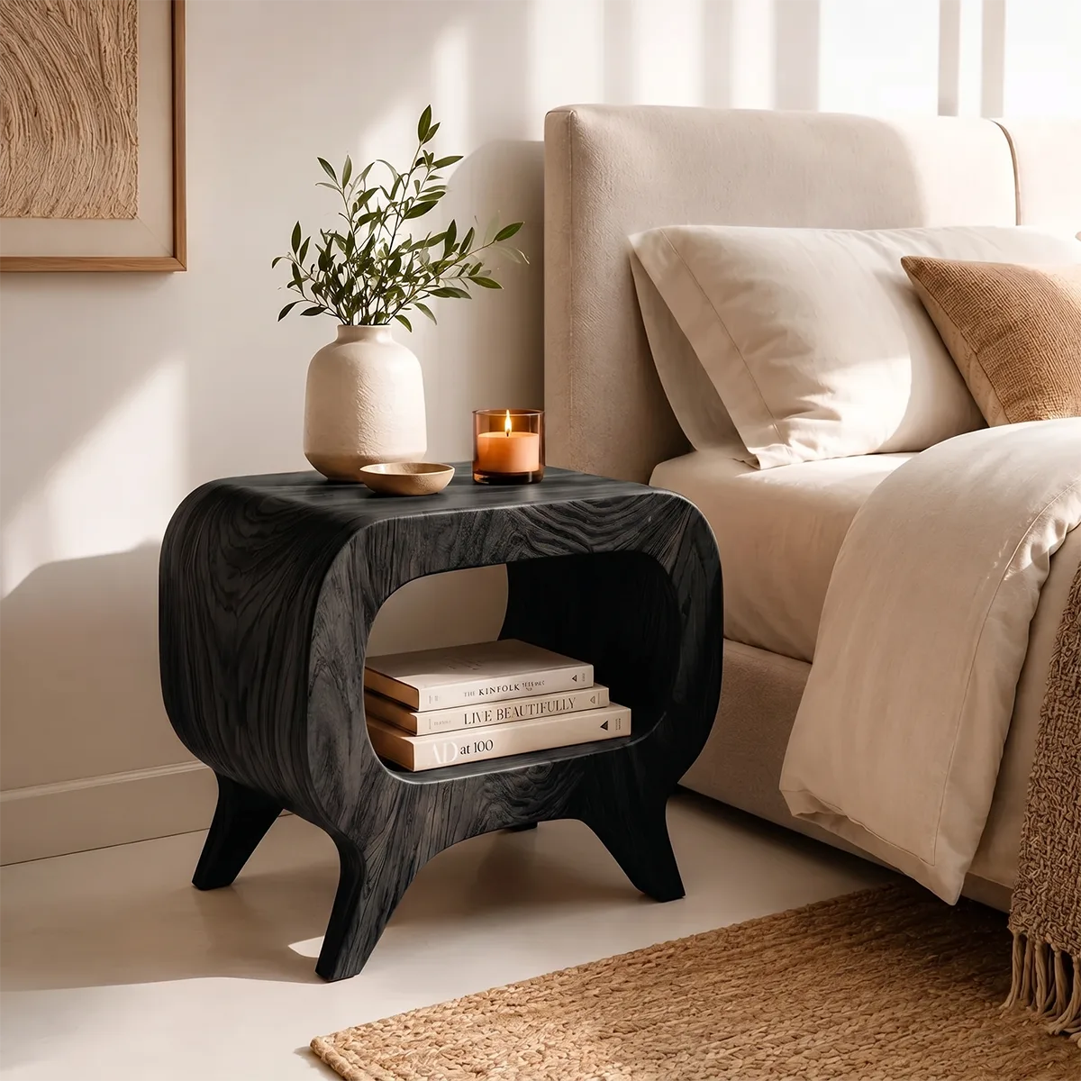 Solid Wood Nightstand with Open Shelf Storage